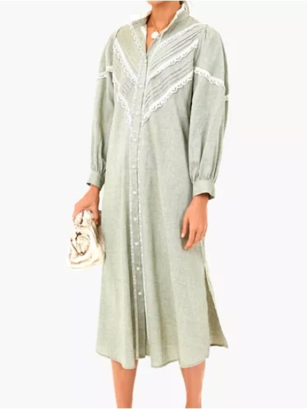 Pomander Place Sage Green Lace-Trim Button Midi Dress